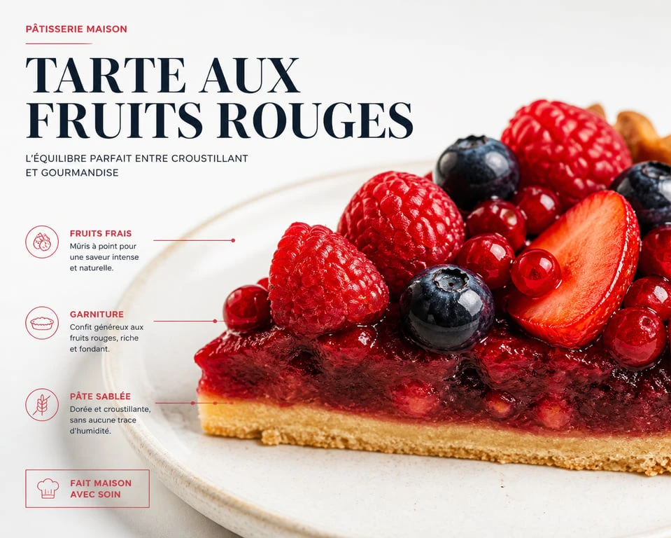 Part de tarte aux fruits rouges avec un fond de tarte parfaitement imperméabilisé et croustillant