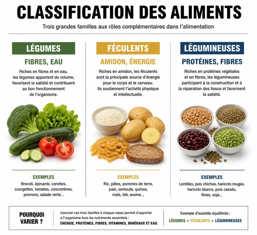 Infographie comparative : classification des légumes, féculents et légumineuses pour une alimentation équilibrée