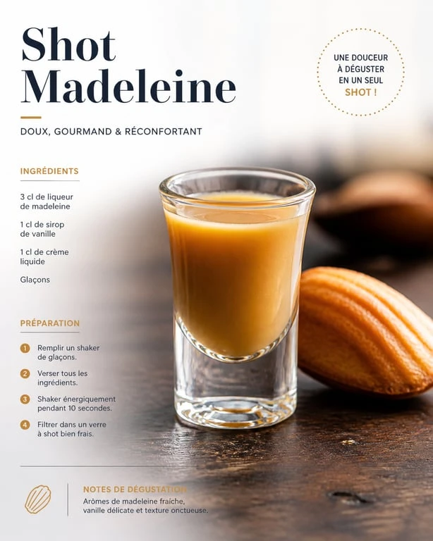 Shot madeleine, cocktail gourmand aux notes d'amande et d'orange, servi dans un verre à shot.