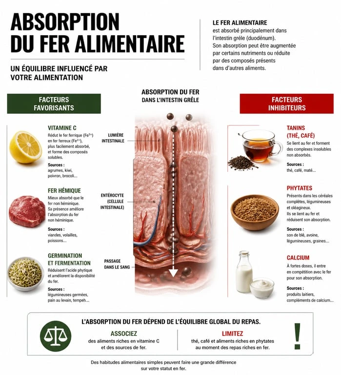 Infographie sur l'absorption du fer alimentaire : comment optimiser ses apports avec les bons aliments et éviter les inhibiteurs pour lutter contre le manque de fer.