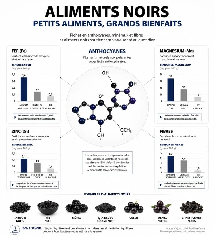 Infographie sur les bienfaits nutritionnels et la densité en antioxydants des aliments noirs