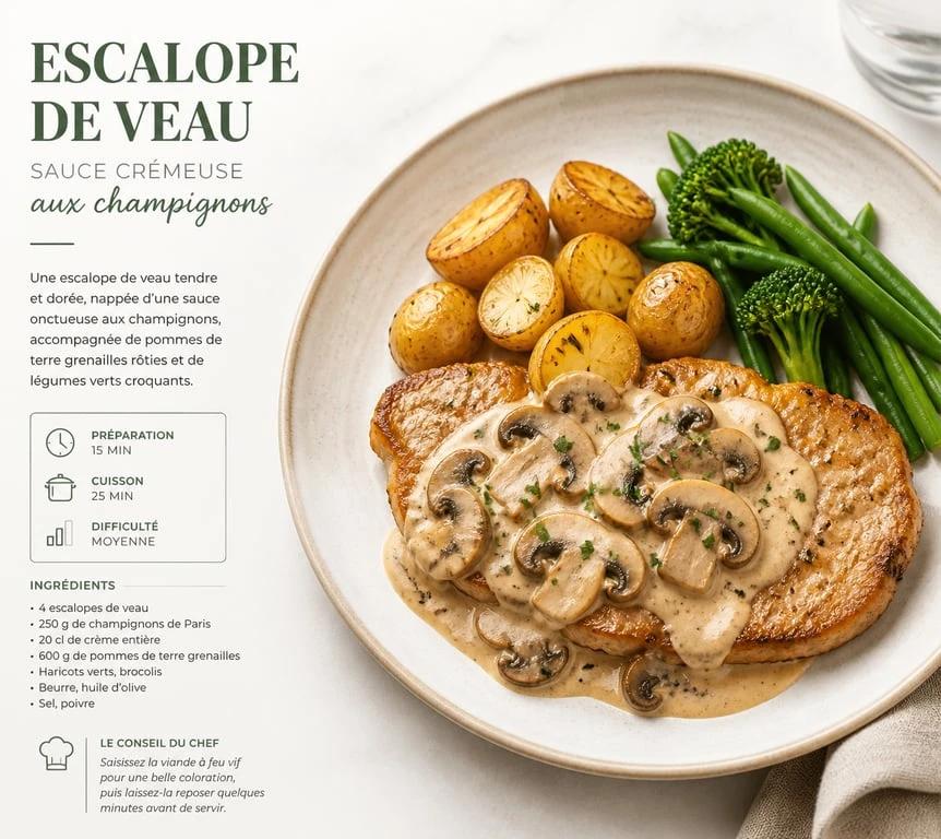 Escalope de veau à la crème et ses accompagnements, une idée de plat raffiné.