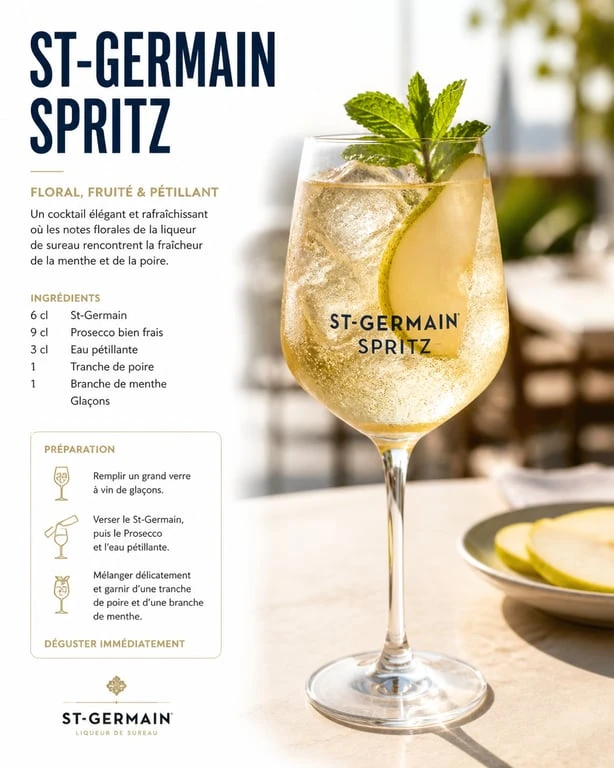 Cocktail St-Germain Spritz rafraîchissant avec liqueur de fleur de sureau et Prosecco