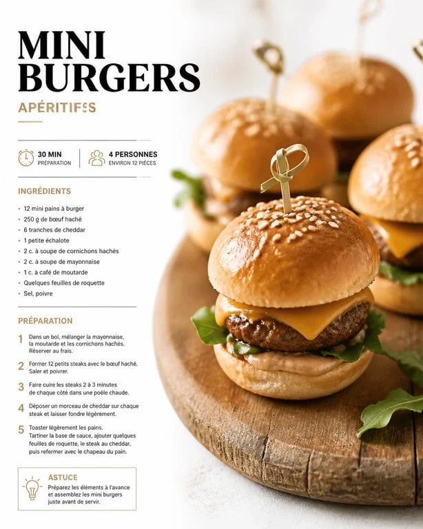 Recette mini burger apéro maison sur une planche en bois pour une présentation élégante.