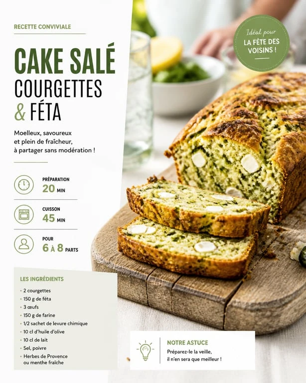Cake salé aux courgettes et féta pour la fête des voisins, présenté sur un plateau