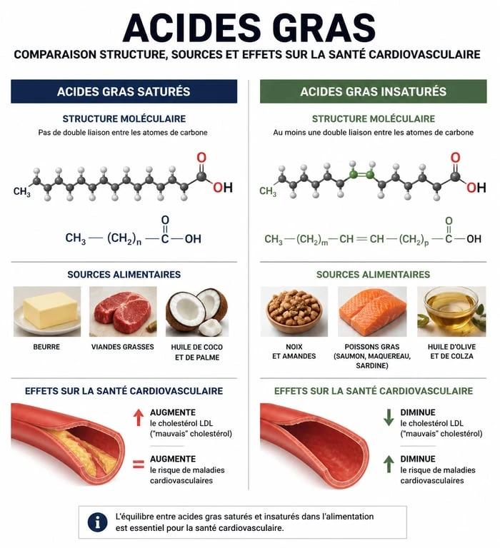 Infographie comparative des acides gras saturés et insaturés et leurs effets sur la santé
