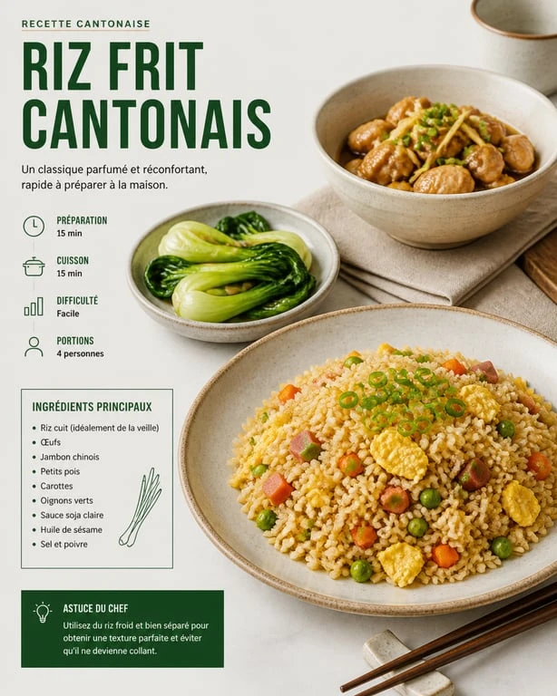 Assiette de riz cantonais avec accompagnement de poulet au gingembre et bok choy