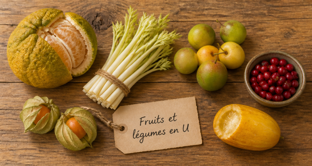 Légume fruit en U, six variétés rares sur table