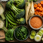 Assortiment de legumes riches en fibres sur planche