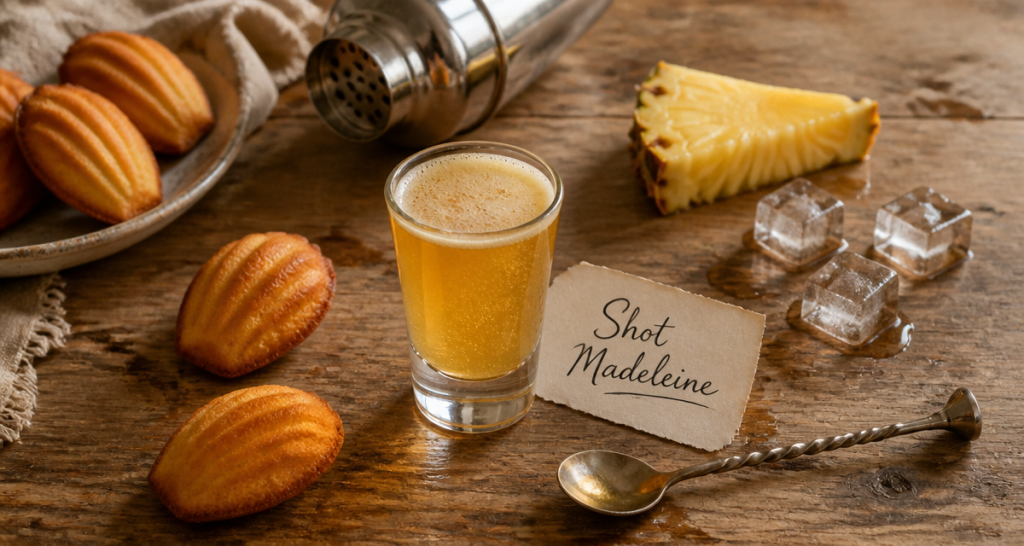 Shot madeleine avec madeleines et cocktail doré