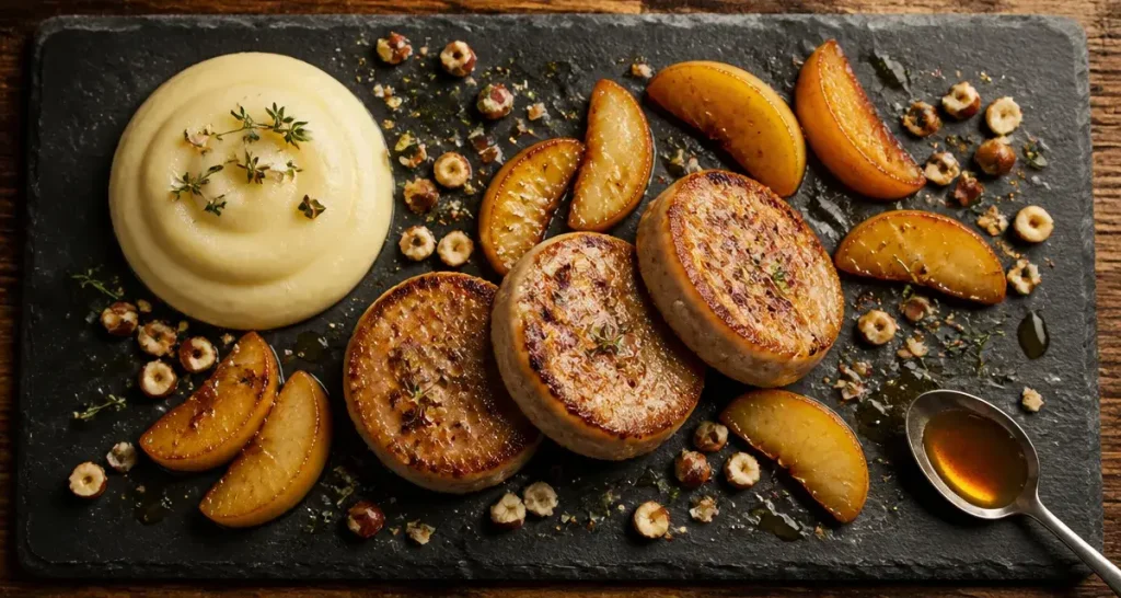 Accompagnement boudin blanc : boudin poêlé, purée et pommes caramélisées