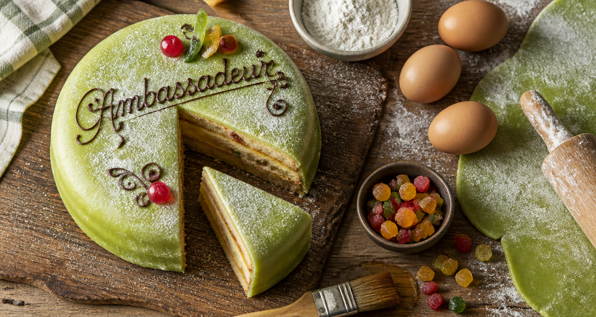 ambassadeur gateau tranché sur planche avec ingrédients
