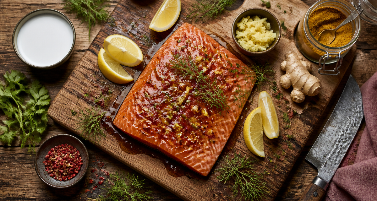 Assaisonnement pour saumon avec marinade, herbes et épices