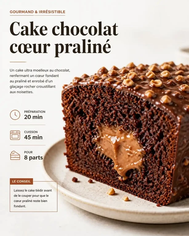 Cake chocolat praliné maison avec glaçage rocher et cœur fondant