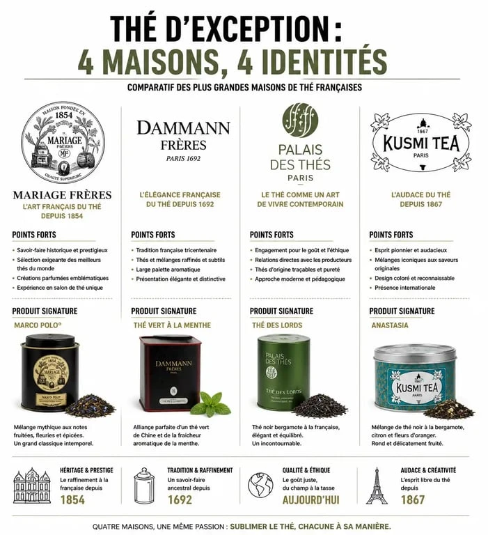 Infographie comparative des meilleures marques de thé : Mariage Frères, Dammann Frères, Palais des Thés et Kusmi Tea