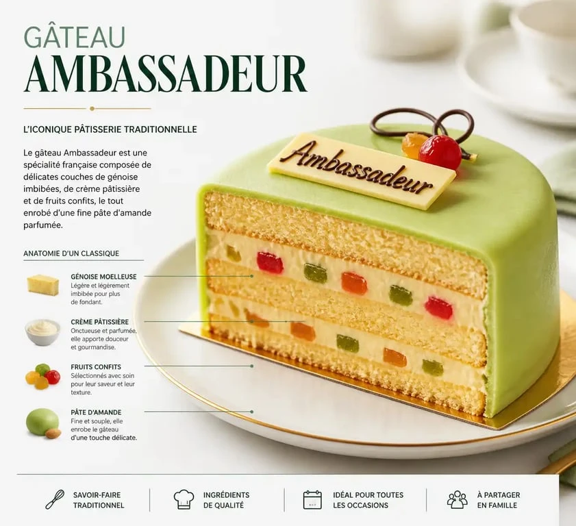 Gâteau Ambassadeur traditionnel avec sa finition en pâte d'amande verte