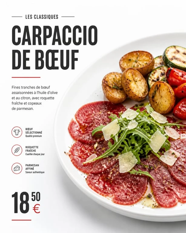 Carpaccio de bœuf avec ses accompagnements raffinés sur une assiette élégante