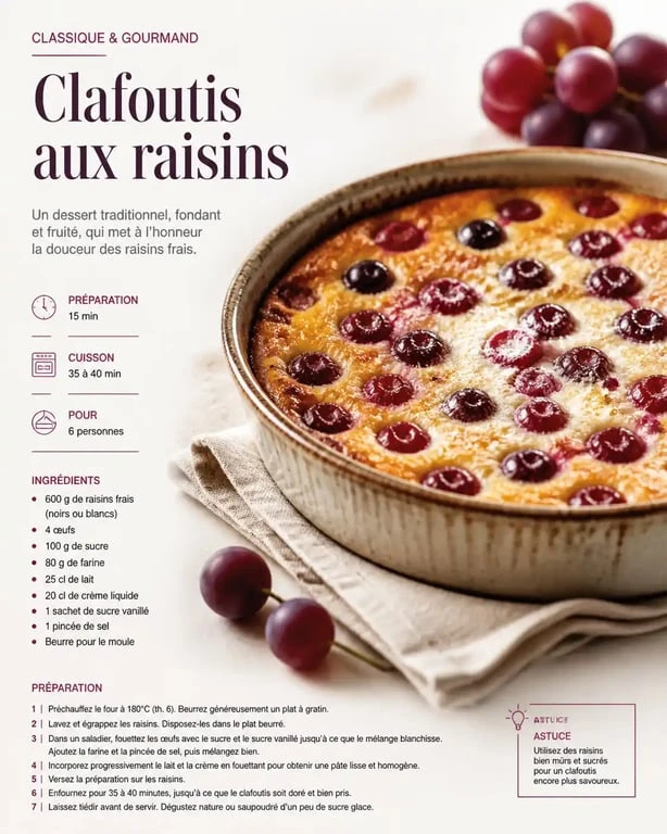Clafoutis aux raisins frais, une recette au raisin gourmande et facile à réaliser