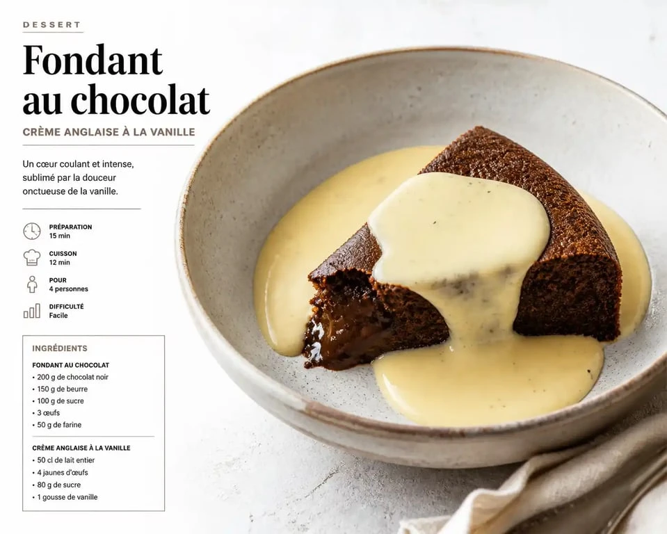 Gâteau au chocolat fondant accompagné de sa crème anglaise pour un dessert gourmand