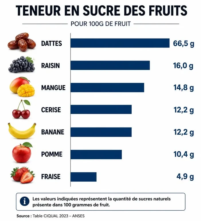 Infographie comparative de la teneur en sucre des fruits les plus sucrés pour 100g