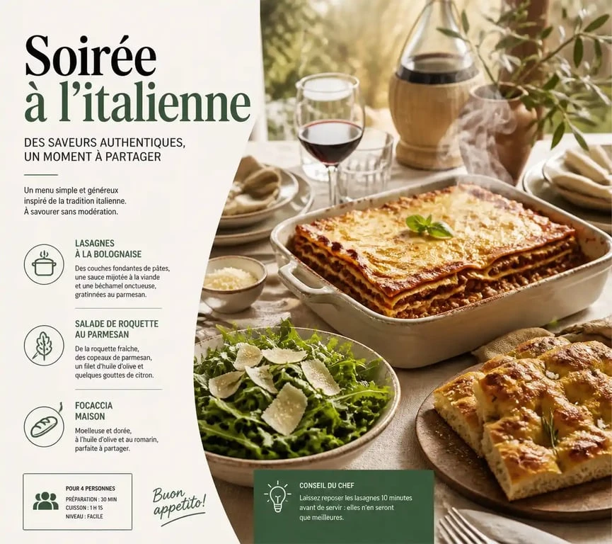 Assiette de lasagnes accompagnée d'une salade de roquette et focaccia pour un repas italien équilibré