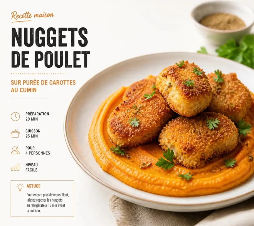 Nuggets de poulet maison croustillants servis avec une purée de carottes au cumin en accompagnement