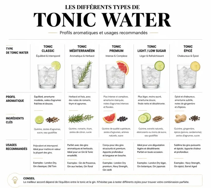 Infographie comparative des types de tonic water et leurs usages en mixologie