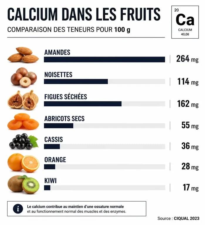 Infographie comparative des fruits riches en calcium : teneur en mg pour 100g