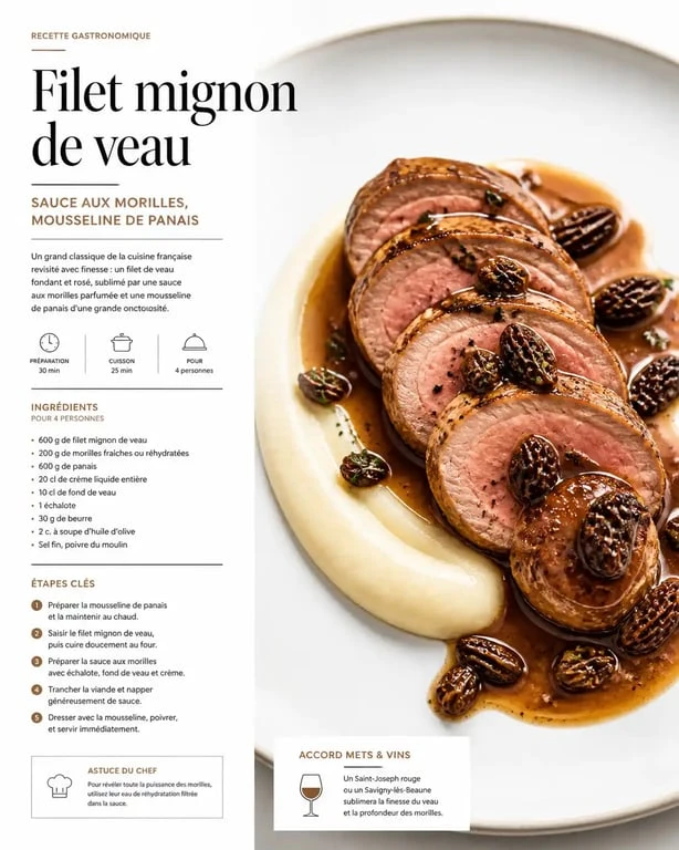 Filet mignon de veau gastronomique aux morilles et mousseline de panais