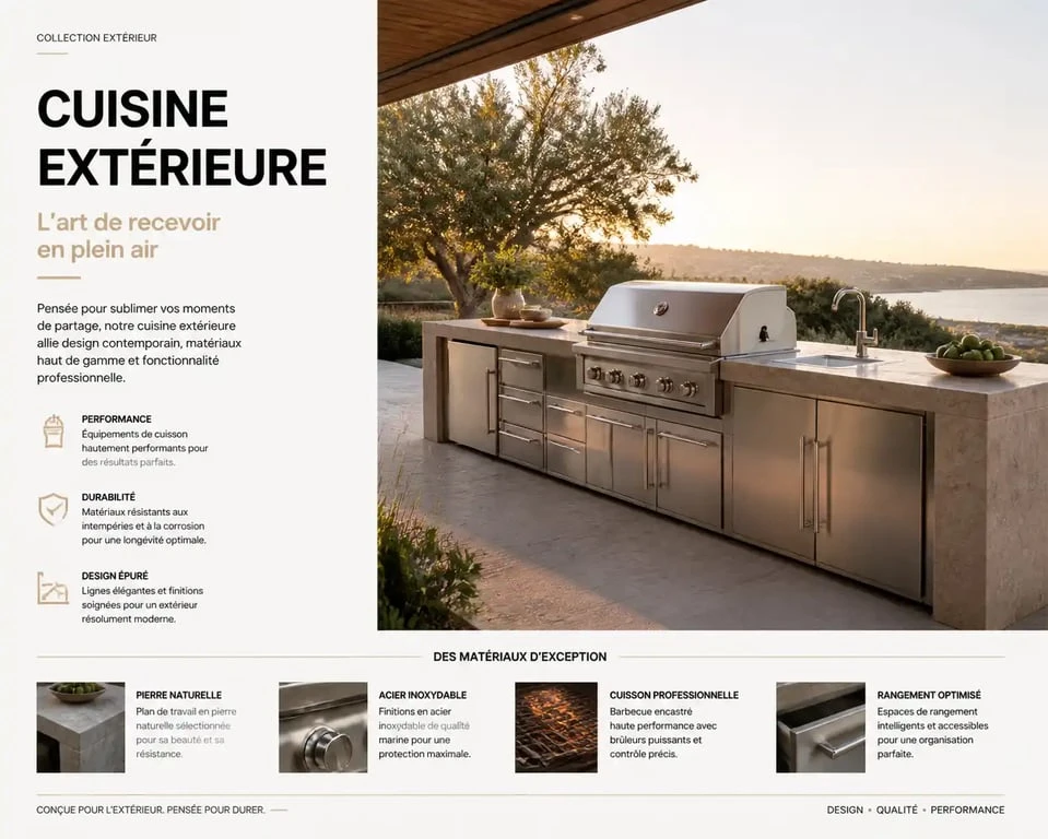 Aménagement d'une cuisine extérieure moderne avec barbecue encastré et plan de travail en pierre