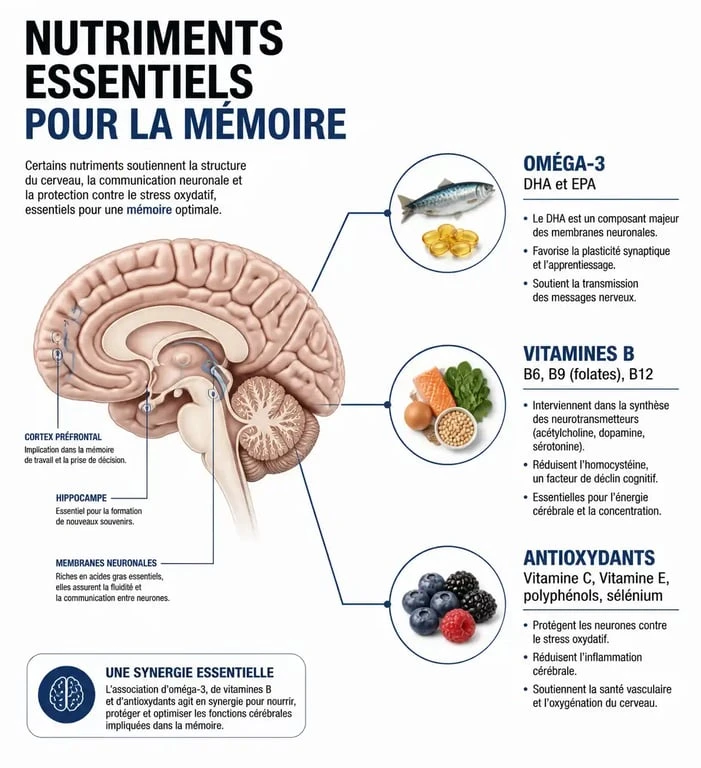 Infographie des nutriments et aliments bons pour la mémoire et la santé cognitive
