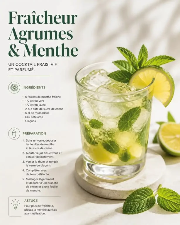 Cocktail facile et pas cher présenté dans un verre élégant avec une rondelle de citron et de la menthe