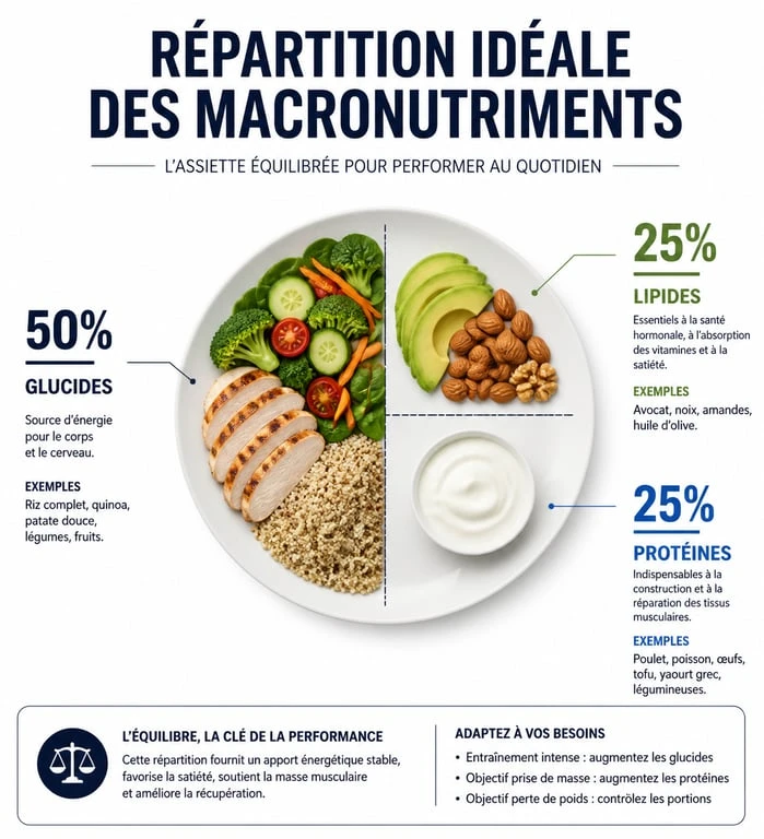 Infographie sur l'équilibre alimentaire et la répartition des macronutriments pour un plan alimentaire sain