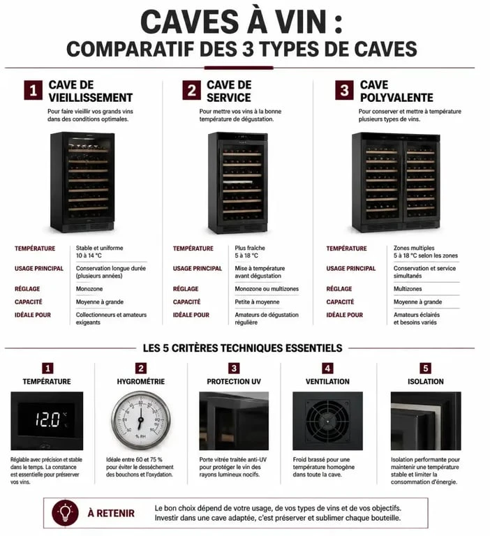 Infographie comparative pour choisir sa cave à vin : vieillissement, service ou polyvalente