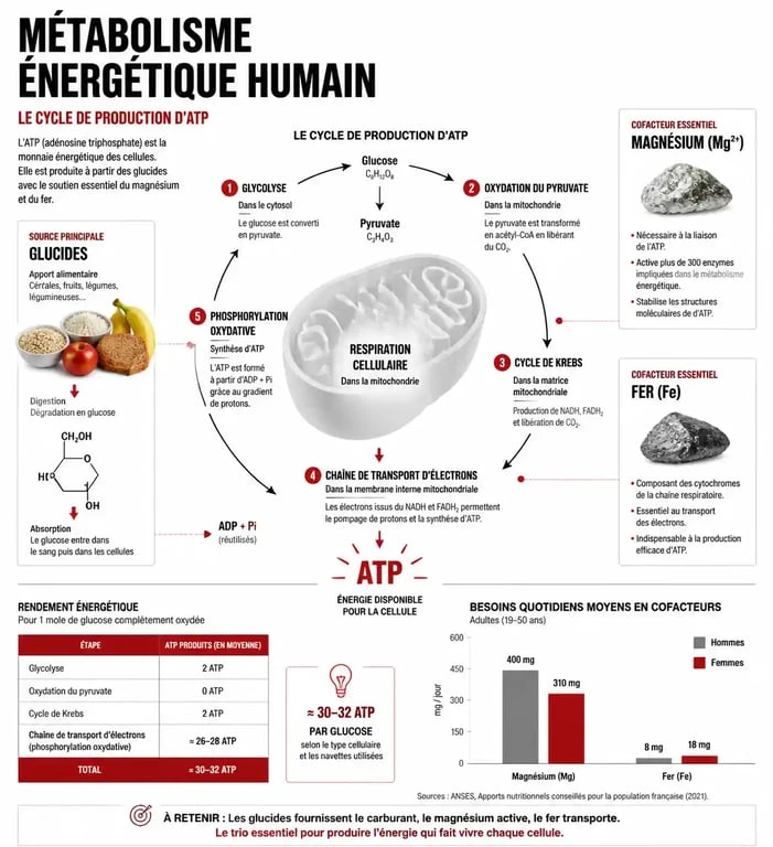 Infographie sur les mécanismes de production d'énergie et les aliments qui donnent de l'énergie rapidement