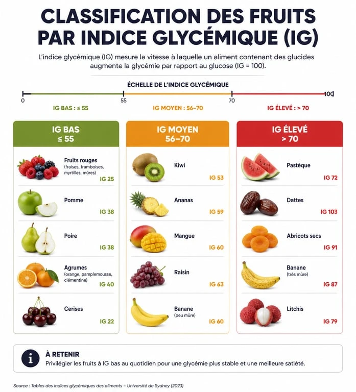 Infographie sur l'indice glycémique des fruits classés par catégorie