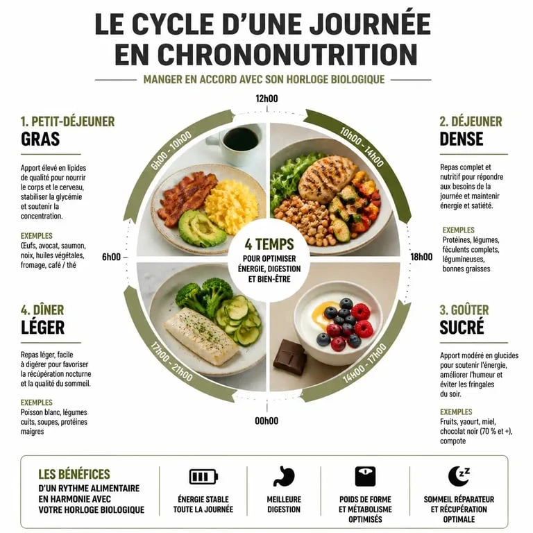 Infographie des 4 piliers de la chrononutrition pour un exemple de menus chrononutrition équilibrés