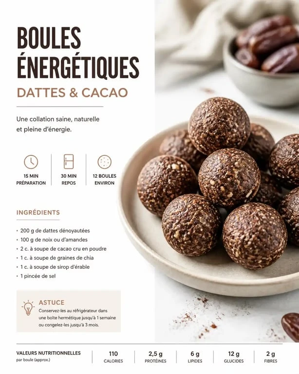 Energy balls healthy au cacao et dattes pour un goûter sain