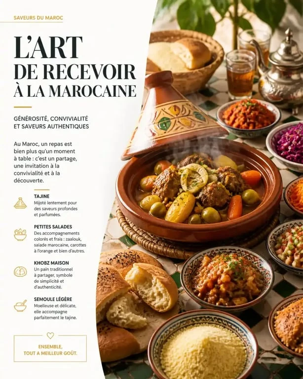 Table marocaine avec un tajine et ses accompagnements variés comme le pain khobz et des salades pour un repas convivial