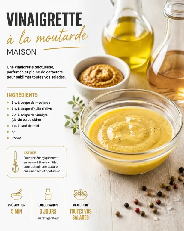 Vinaigrette moutarde maison onctueuse dans un bol en verre