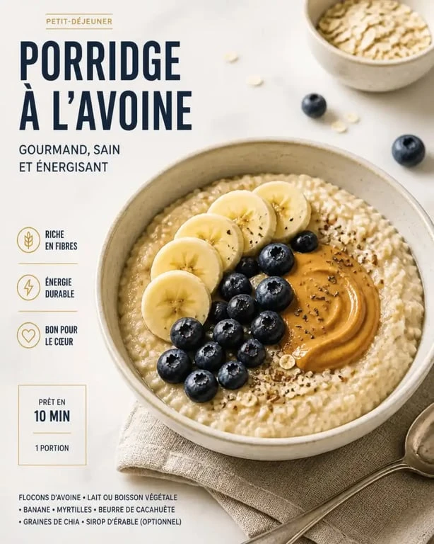 Bol de porridge à l'avoine garni de fruits frais pour une recette de porridge saine et gourmande