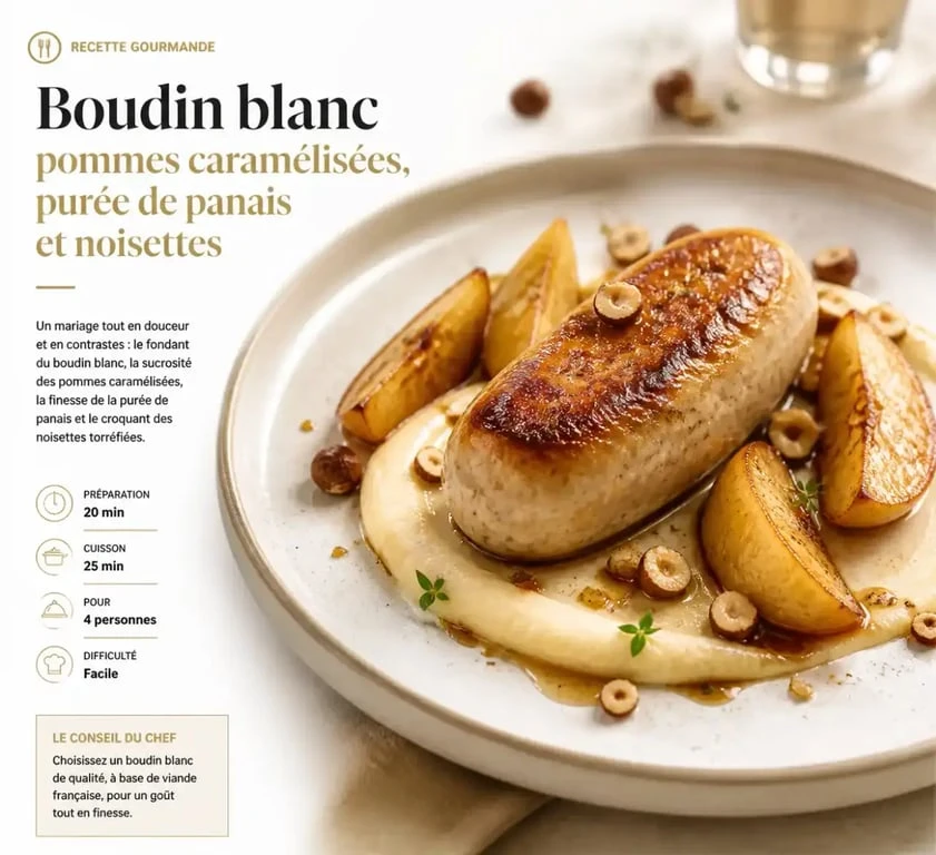 Boudin blanc poêlé avec pommes caramélisées et purée de panais, un accompagnement idéal pour le boudin blanc.