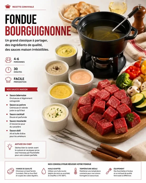 Table de fondue bourguignonne avec ses accompagnements variés et sauces maison