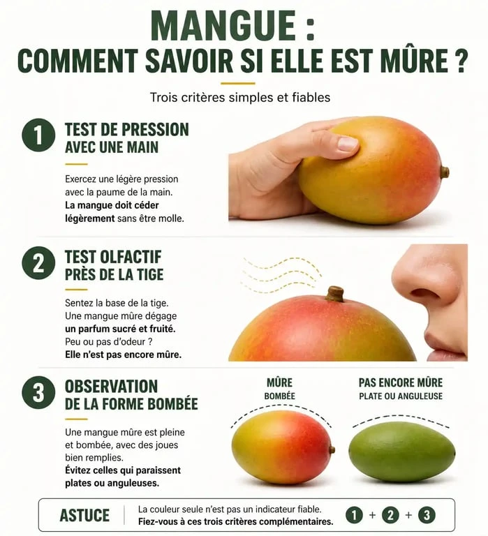 Infographie des critères pour choisir une mangue mûre : pression, odeur et aspect