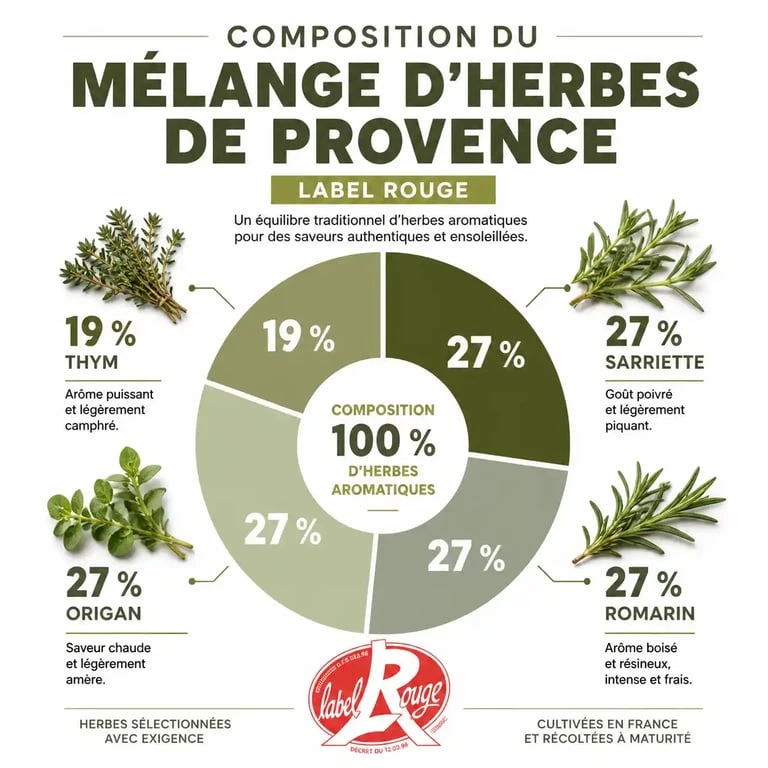 Composition du mélange d'herbes de Provence Label Rouge avec les proportions de sarriette, romarin, origan et thym.