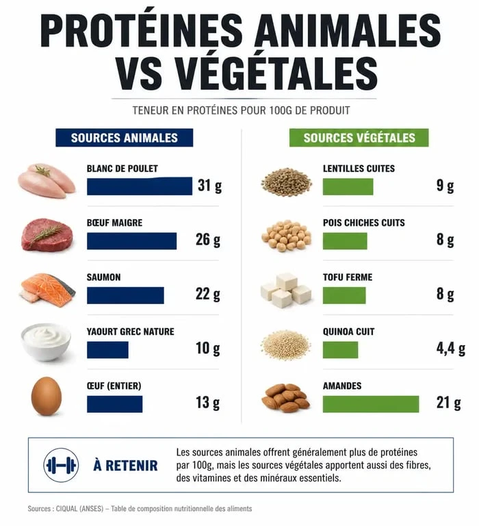 Infographie comparative des sources de protéines animales et végétales pour un repas riche en protéines