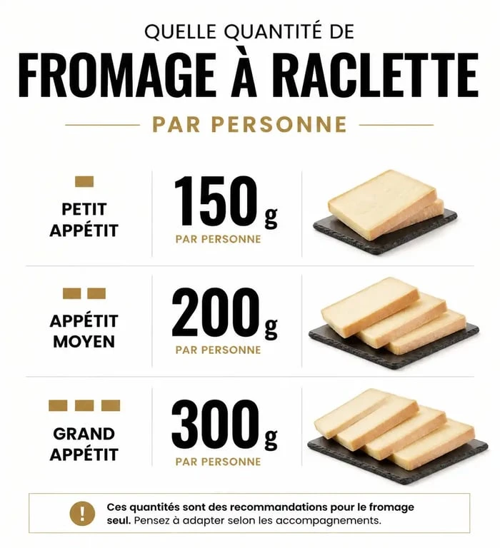 Infographie des quantités de fromage à raclette par personne selon l'appétit