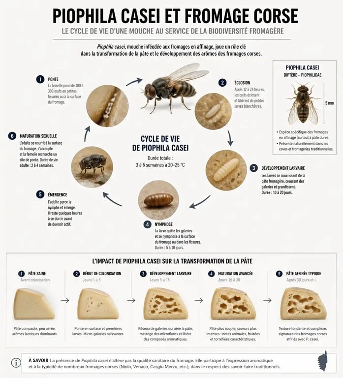 Infographie expliquant le cycle de transformation du casgiu merzu par les larves de mouche