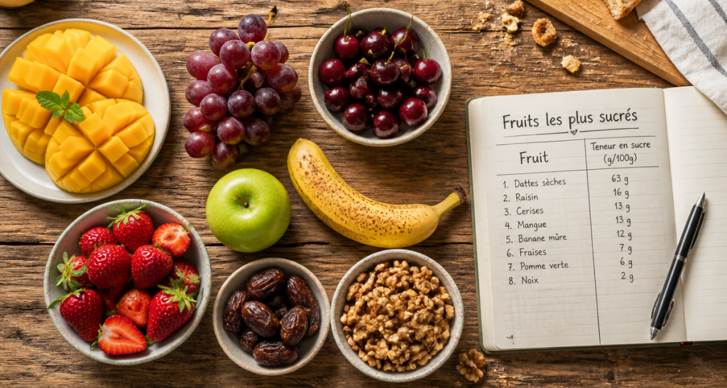 tableau des fruits les plus sucres sur table en bois