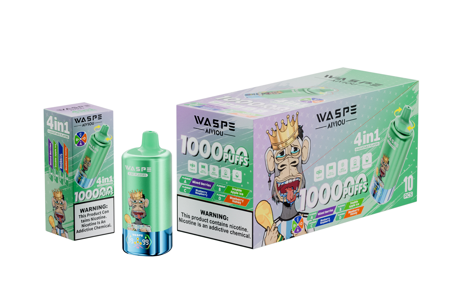 WASPE 4-in-1 100000 Mixed Berries/Double Apple Ice/Blueberry Raspberry/Blueberry Honey – Bild 3